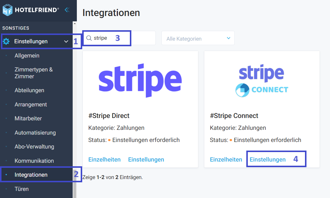 Klicken Sie auf der Kachel Stripe Connect auf Einstellungen.