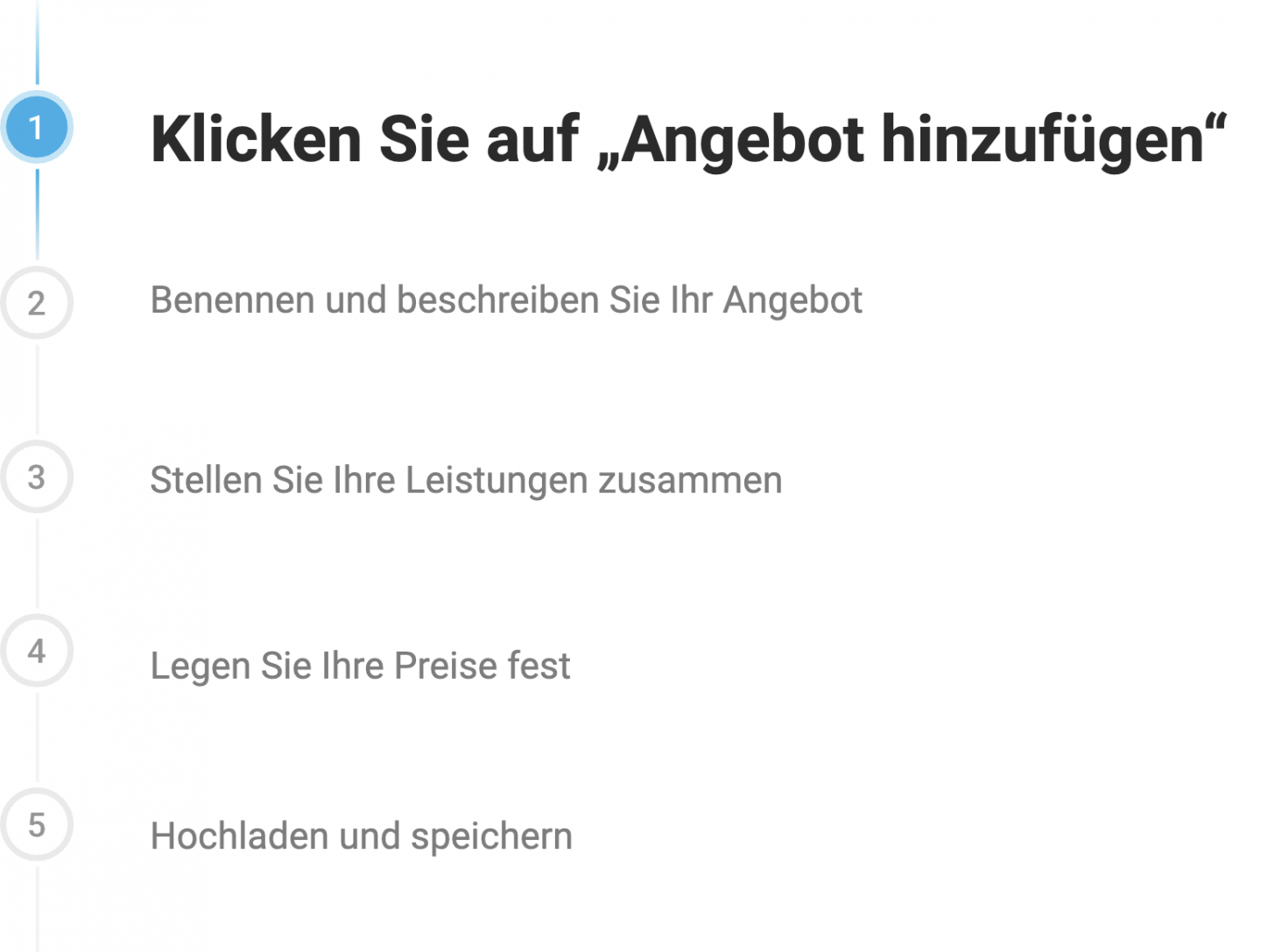 Schritt 1: Klicken Sie auf die Schaltfläche „Angebot hinzufügen“.
Schritt 2: Benennen und beschreiben Sie Ihr Angebot.
Schritt 3: Stellen Sie Ihre Dienstleistungen zusammen.
Schritt 4: Legen Sie Ihre Preise fest
Schritt 5: Hochladen und speichern