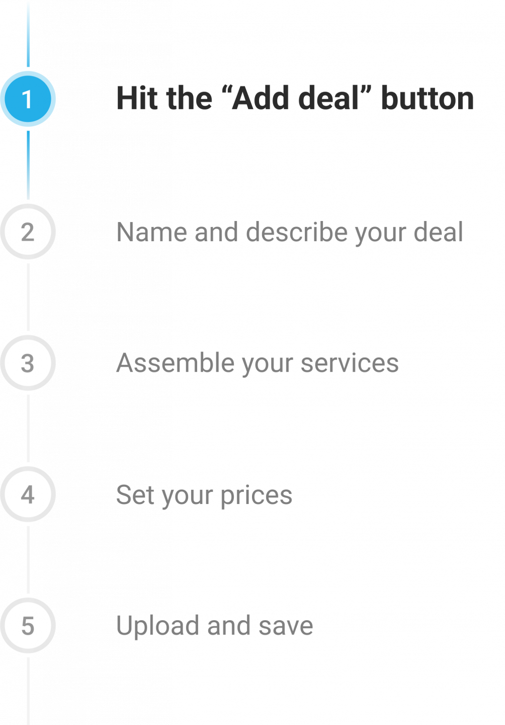 Step 1: Hit the “Add deal” button
Step 2: Name and describe your deal
Step 3: Assemble your services
Step 4: Set your prices
Step 5: Upload and save