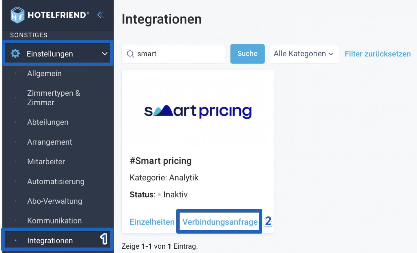 Geben Sie in das Suchfeld „Smart pricing“ ein und klicken Sie auf „Verbindungsanfrage“.