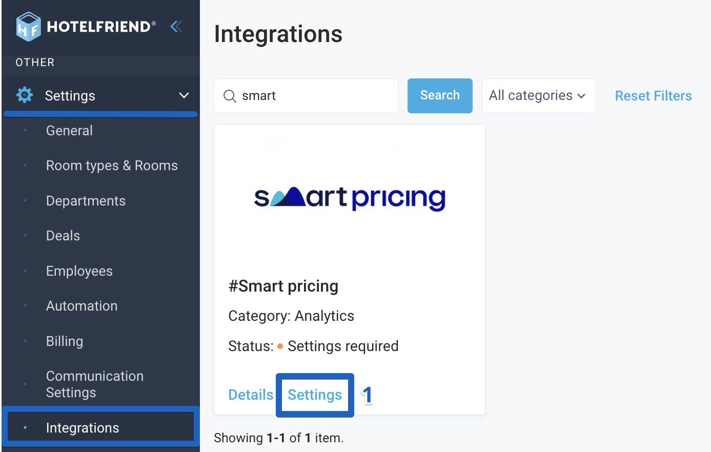 Go to Settings > Integrations > search for Smart pricing > click on the “Settings” link on the Smart pricing connection block.