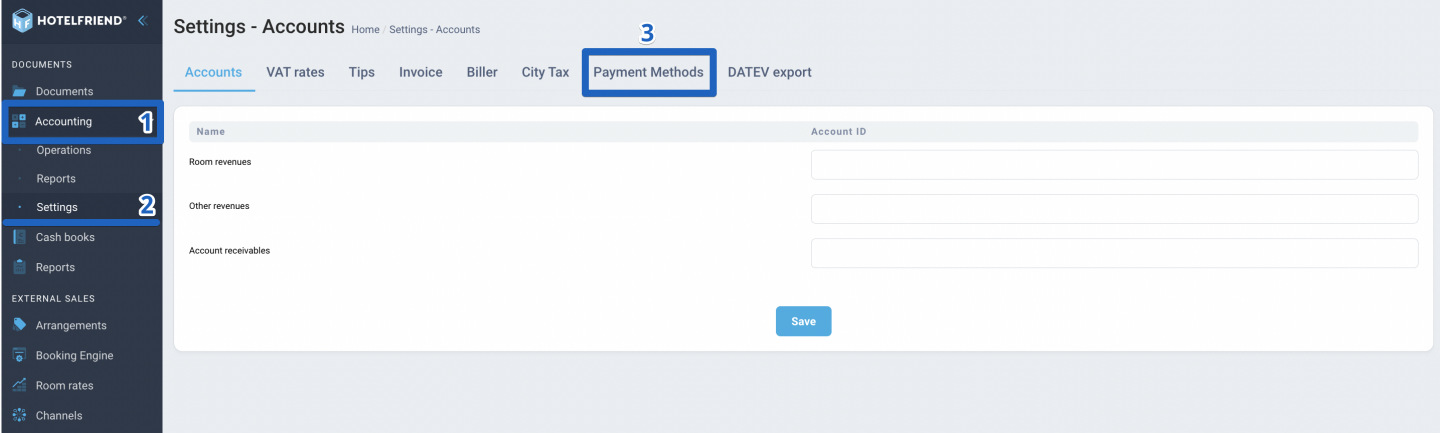 Follow these steps to set up Payment Methods in HotelFriend