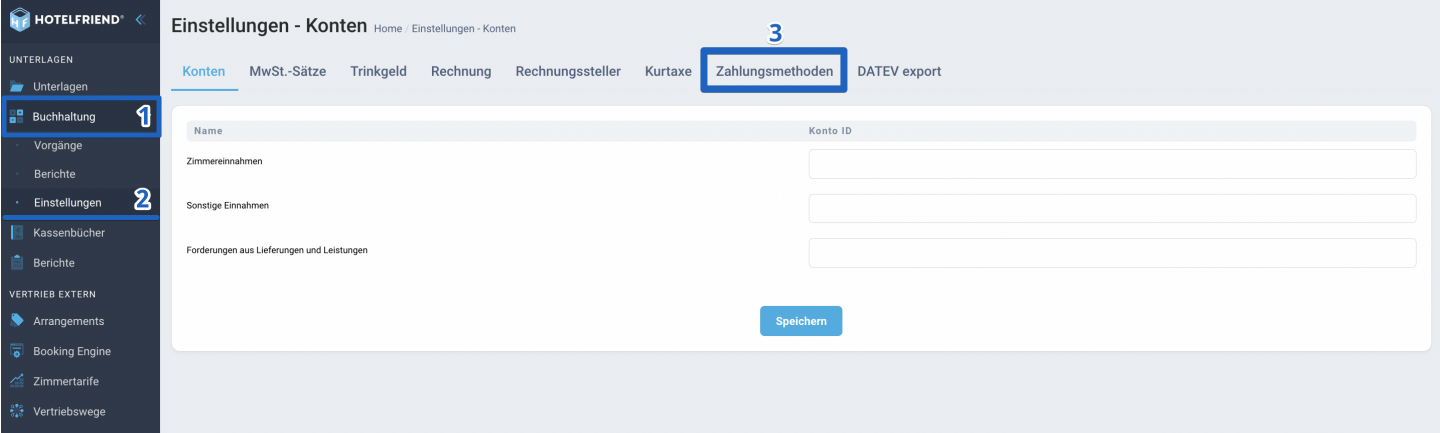 Führen Sie die folgenden Schritte aus, um Zahlungsmethoden in HotelFriend einzurichten