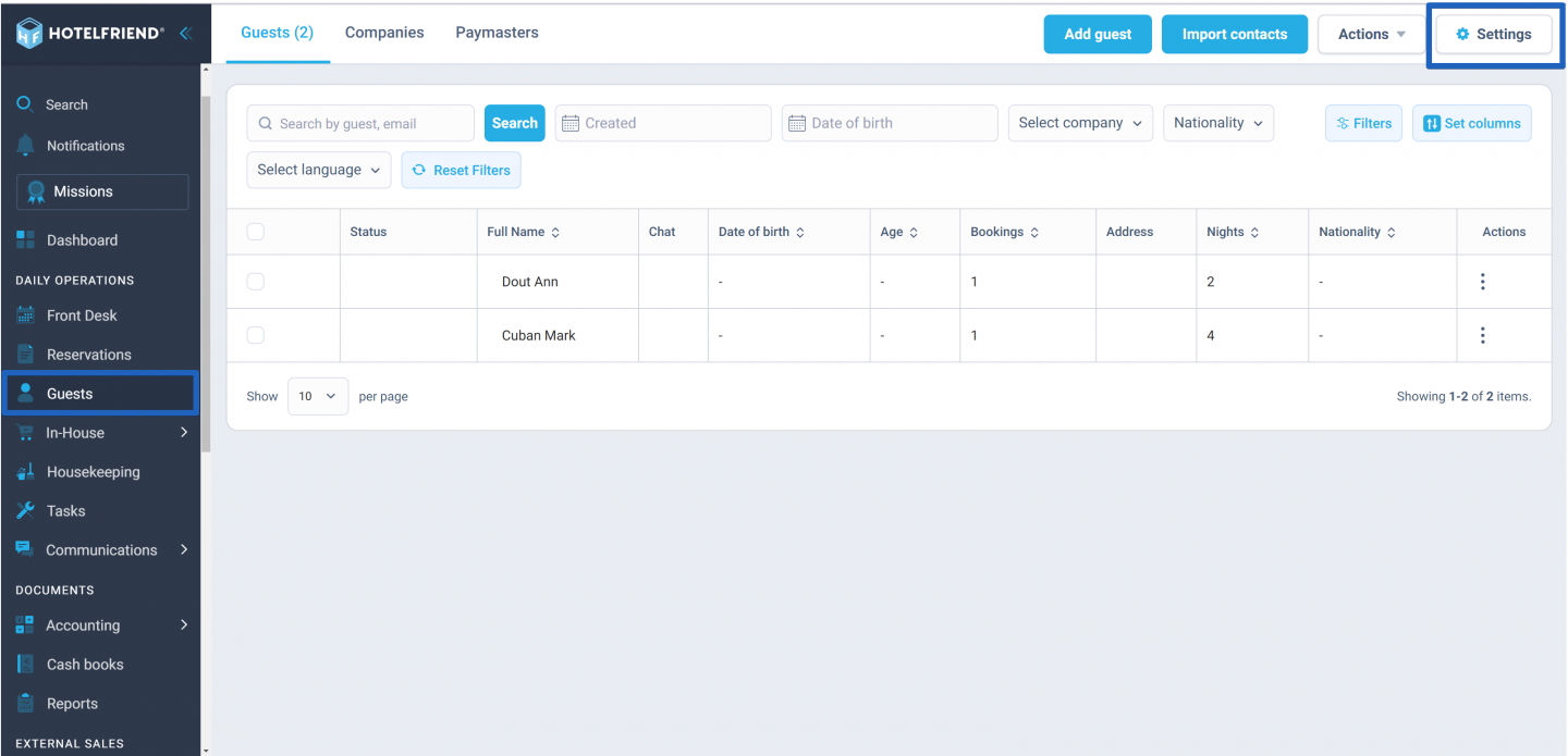 In the menu on the left, click on the Guests module and select Settings.