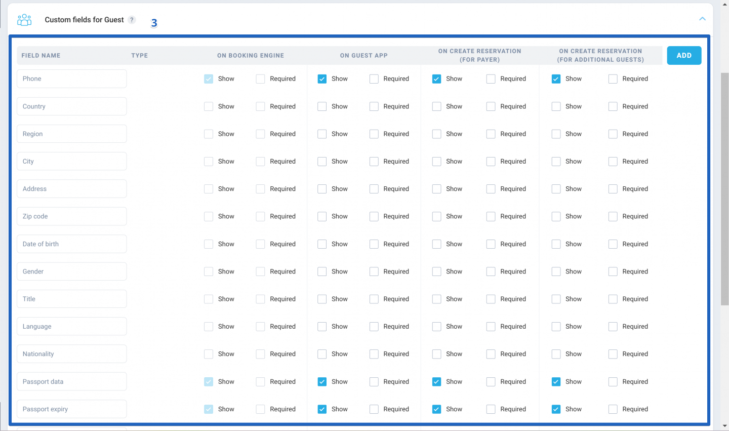 In the list that appears, check the fields you want to display for data entry in the system and via the Booking Engine. Mark any mandatory fields under the Required Field column.