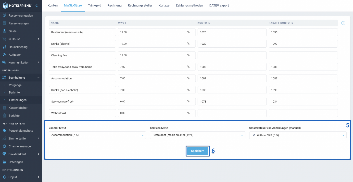 Sobald alle MwSt.-Sätze gespeichert sind, weisen Sie diese über die Dropdown-Menüs den folgenden Feldern zu