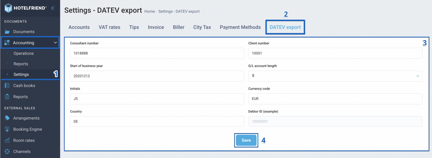 Follow the steps below to set up the DATEV export in HotelFriend