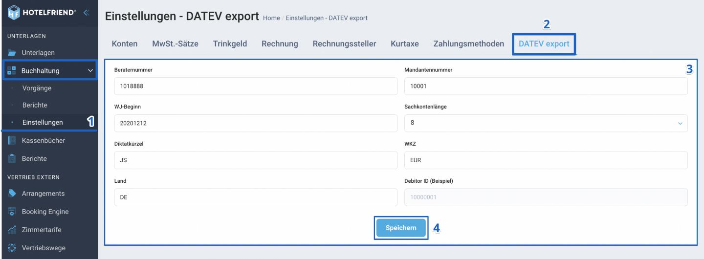 Führen Sie die folgenden Schritte aus, um den DATEV-Export in HotelFriend einzurichten