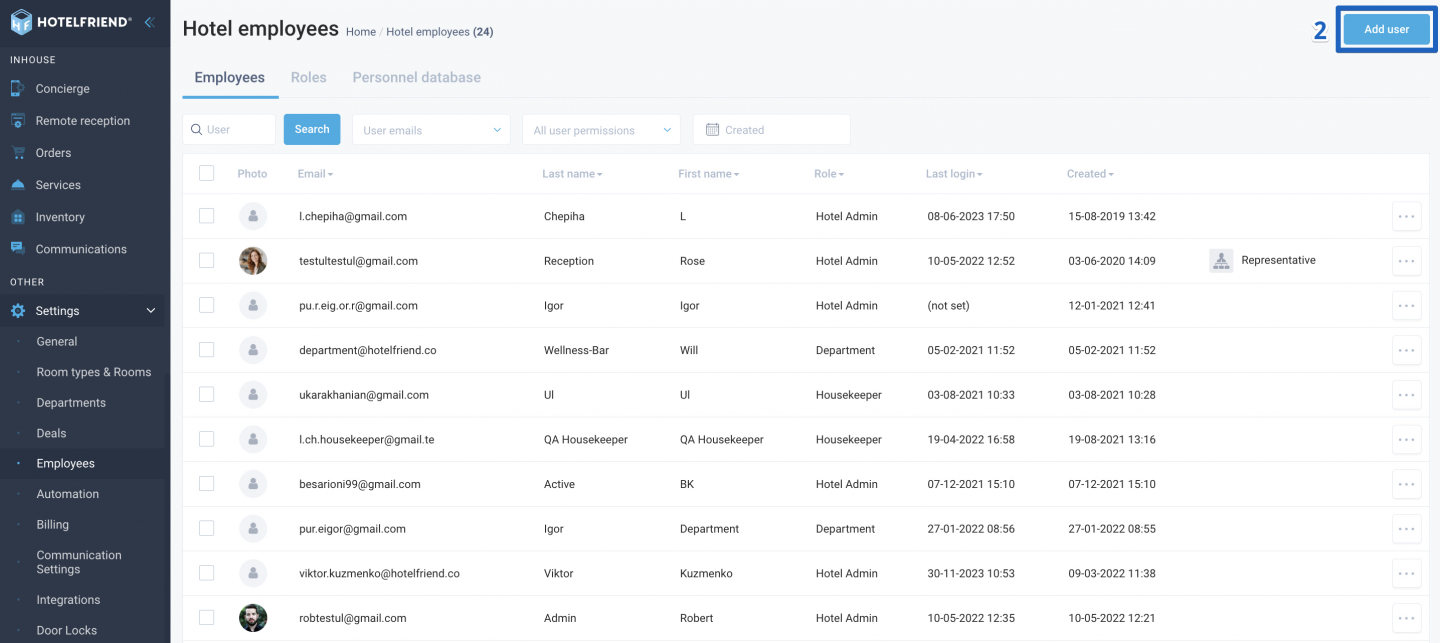 In the upper right corner of the Employees page, click on the Add user button.