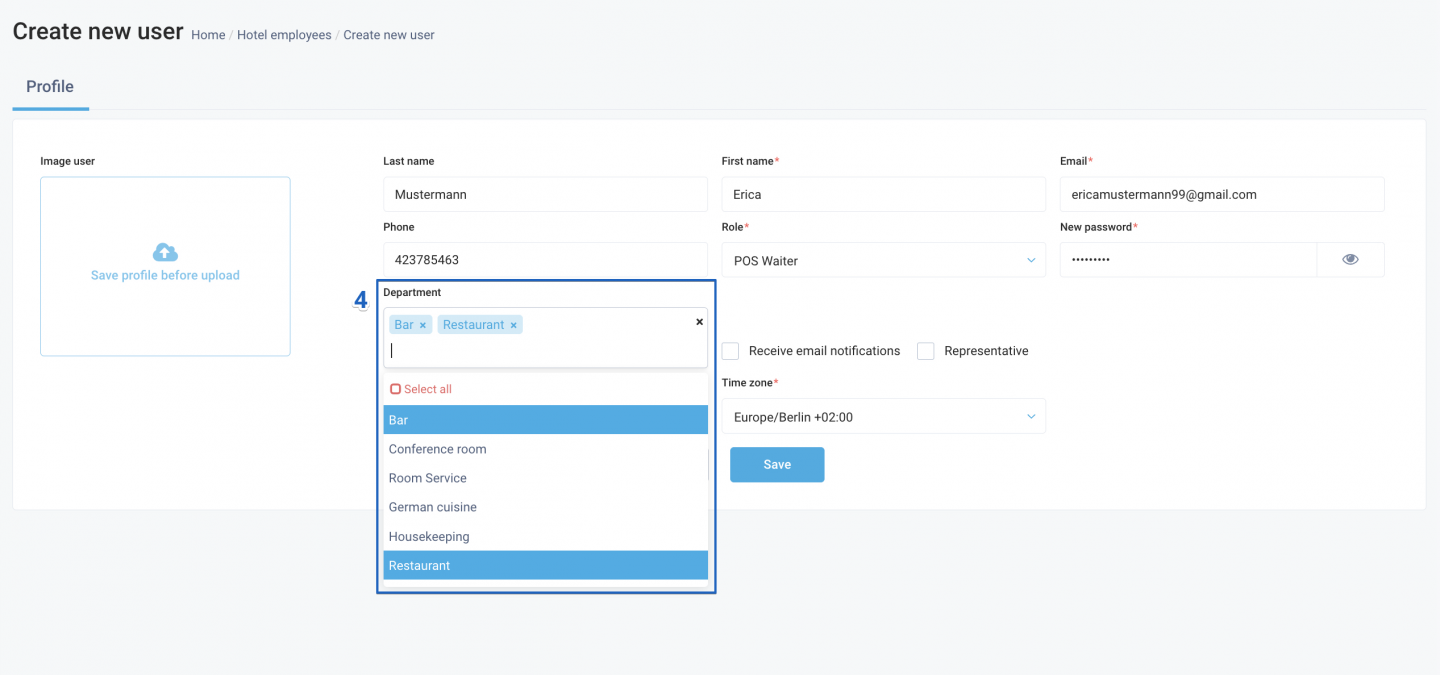 Under the Departments field, select the specific departments to which the user should have access.