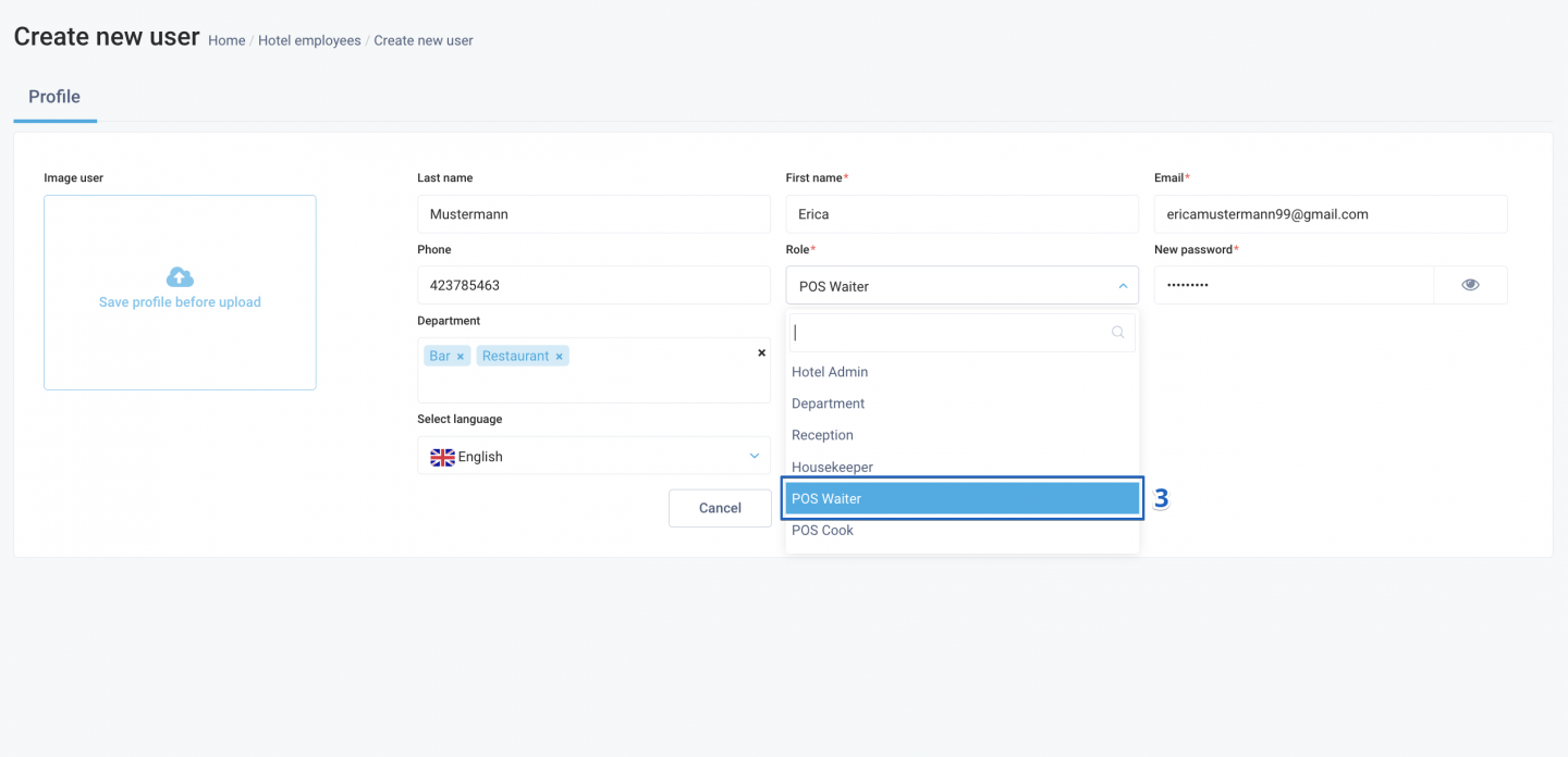 Fill in the necessary user details in the provided fields. In the Role field, select the Point of Sale (POS) of interest.