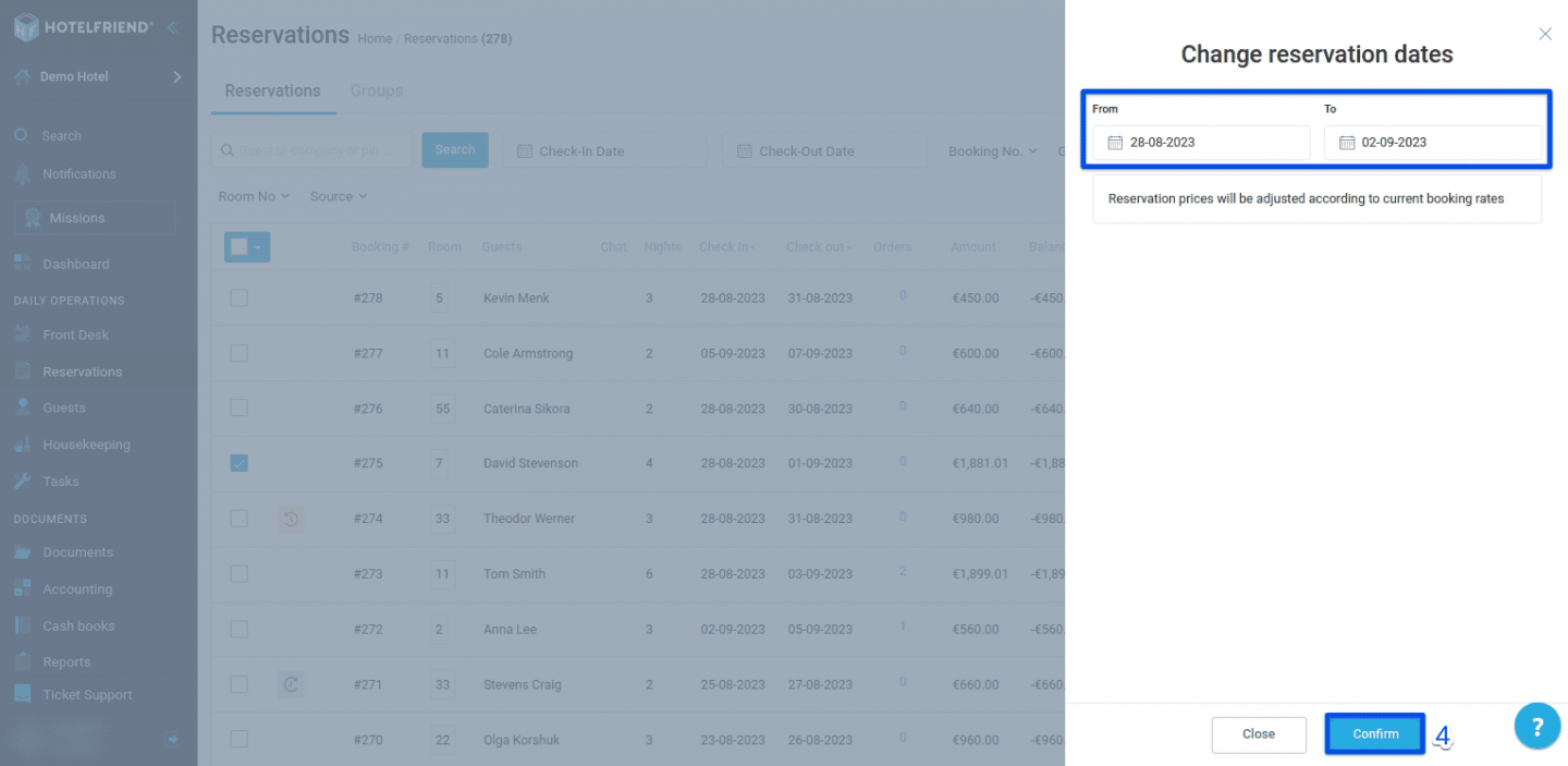 A new window will pop up, providing you with the option to modify the check-in and check-out dates. Select the new dates and click Confirm.