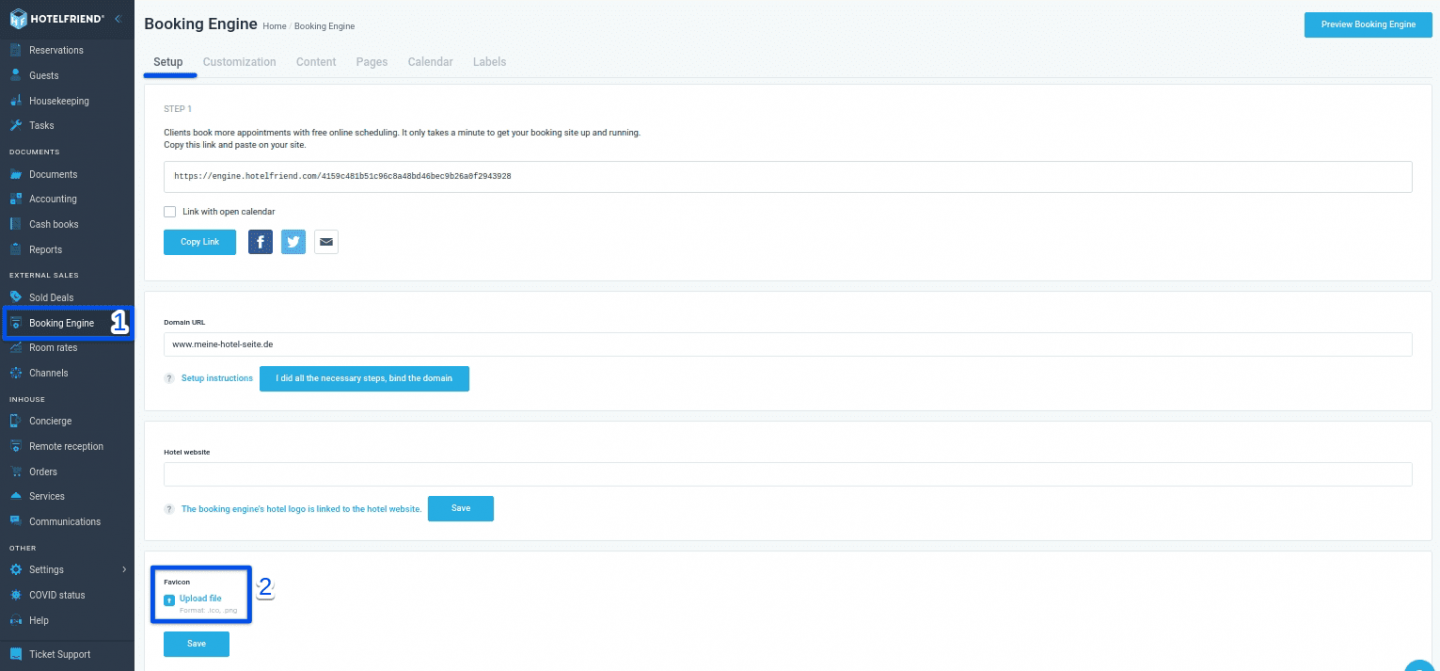 On the left-hand menu, locate and select the Booking Engine module. In the Setup tab, find the Favicon field and upload your custom icon or logo.