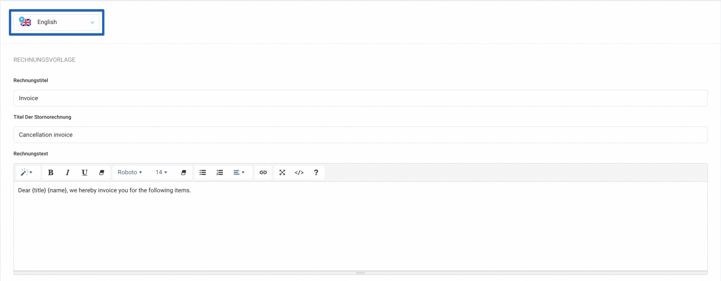 Wenn im System mehr als eine Sprache konfiguriert ist, ändern Sie die Sprache der Rechnungseinstellungen, indem Sie auf die Flagge klicken. Geben Sie die Daten in den entsprechenden Feldern in der gewünschten Sprache ein und speichern Sie die Änderungen.