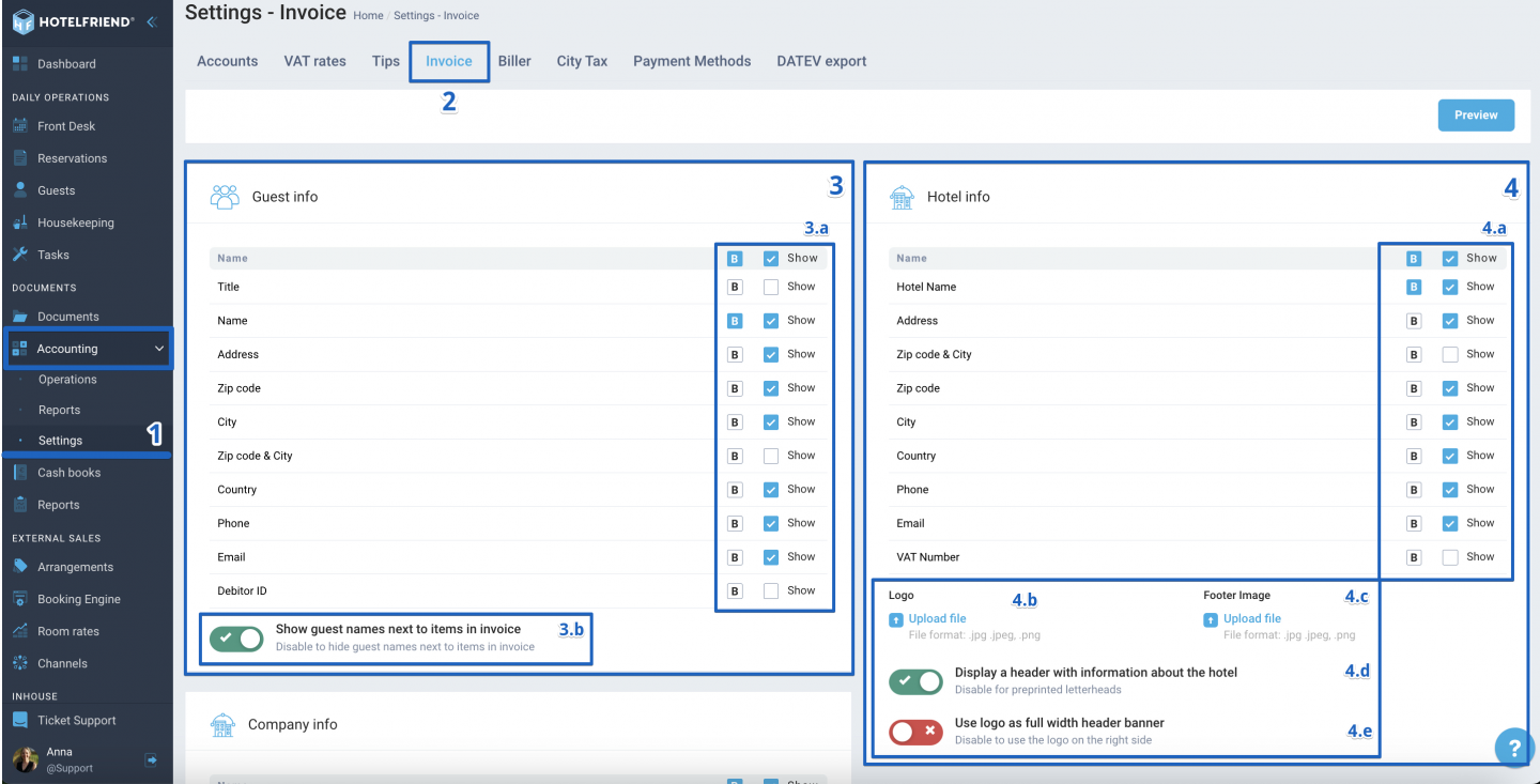 In the menu on the left, select Accounting and click on Settings. Set up Hotel info block