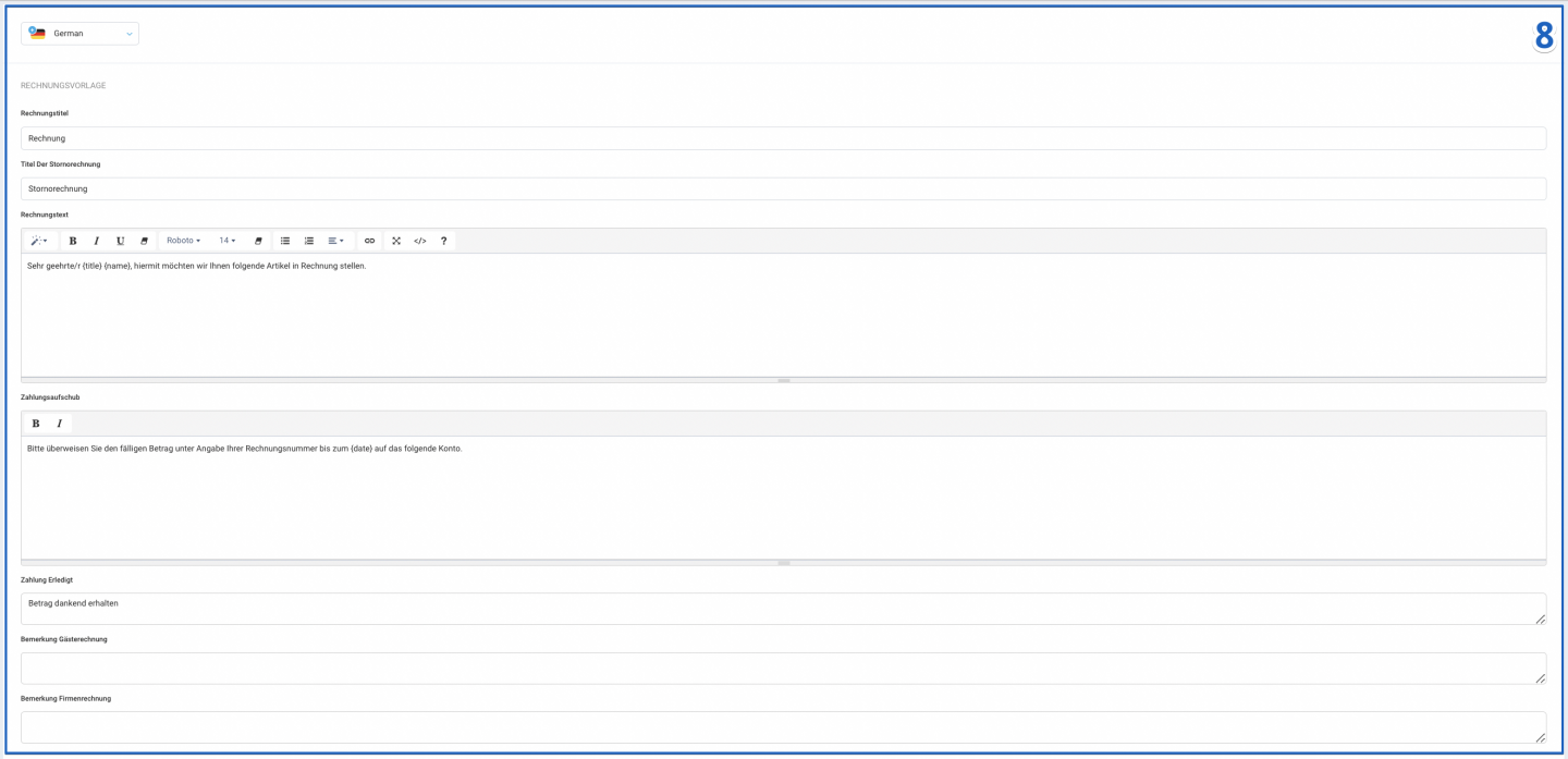 Nehmen Sie die notwendigen Anpassungen im Block Rechnungsvorlage vor.