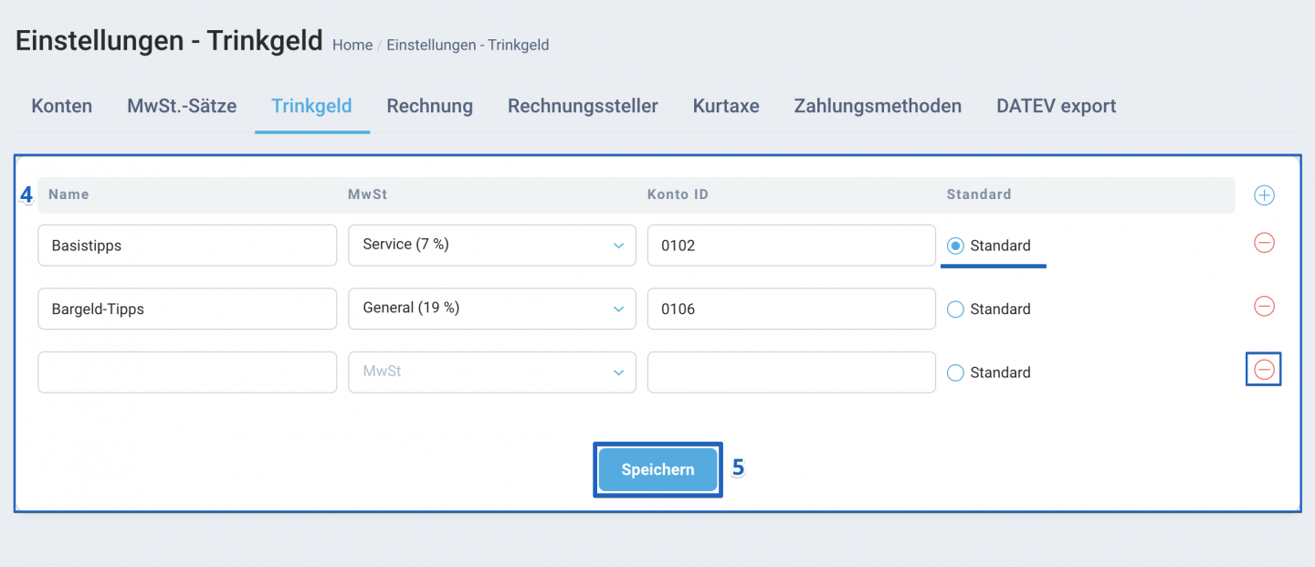 Sie können eine Kategorie als Standard festlegen, indem Sie das Kästchen neben der gewünschten Kategorie markieren. Um ein erstelltes Feld zu entfernen, klicken Sie auf die “–” Schaltfläch.