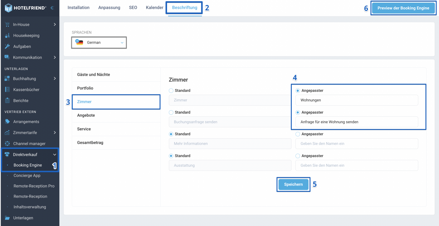 Umbenennen von Registerkarten und Schaltflächen der Booking Engine