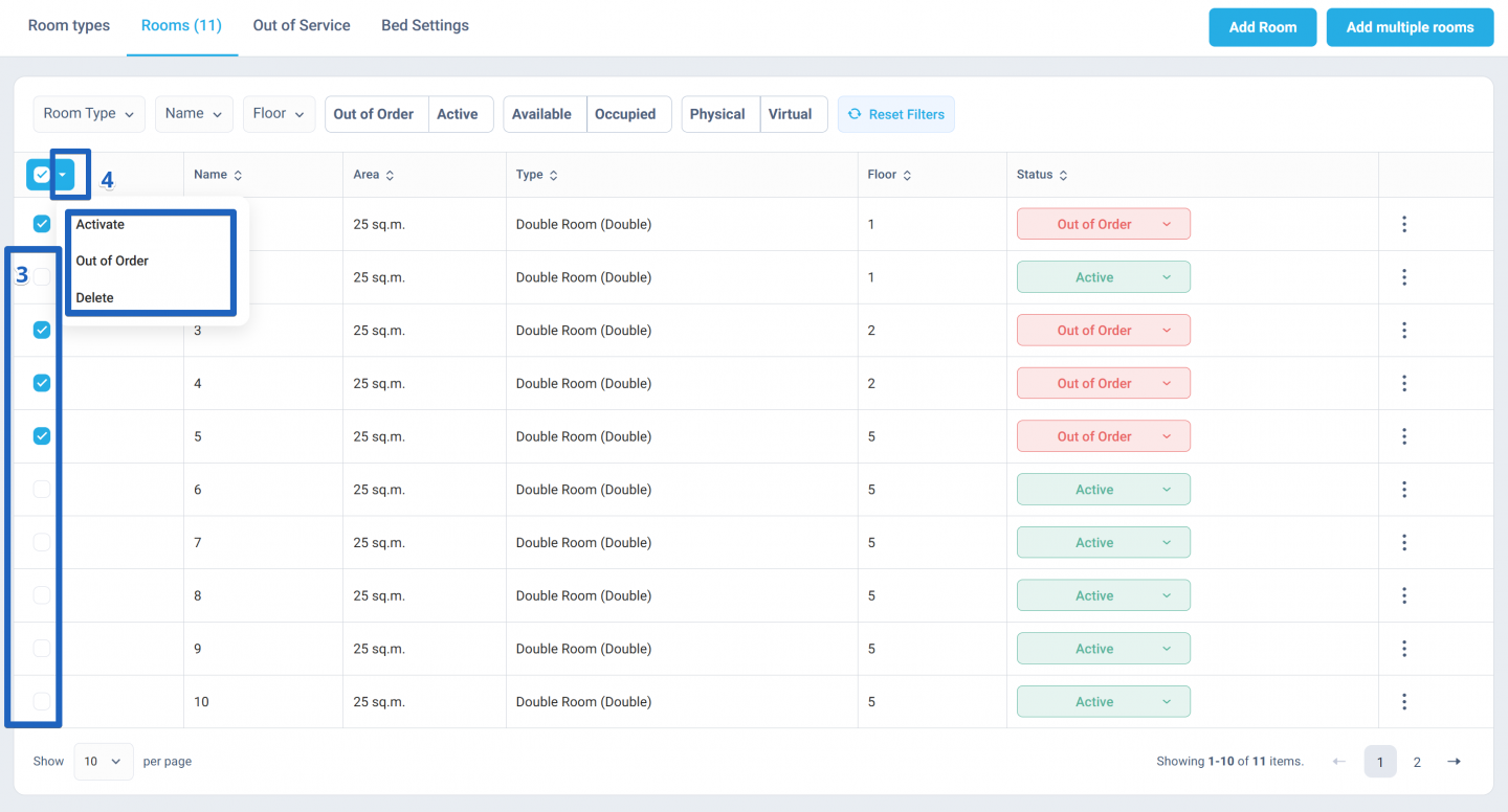 If necessary, uncheck the rooms whose status doesn’t need to be changed.