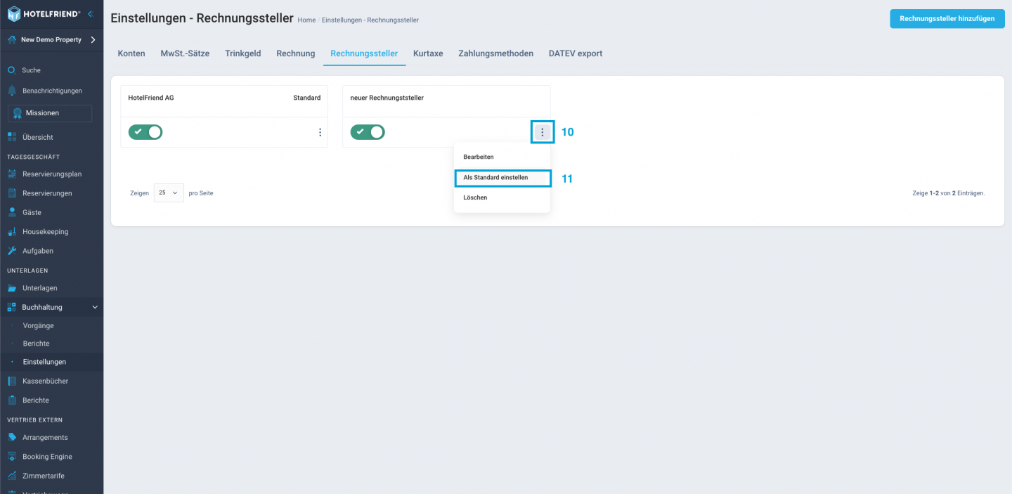 Nun bei dem neuen Rechnungssteller Als Standard einstellen klicken.