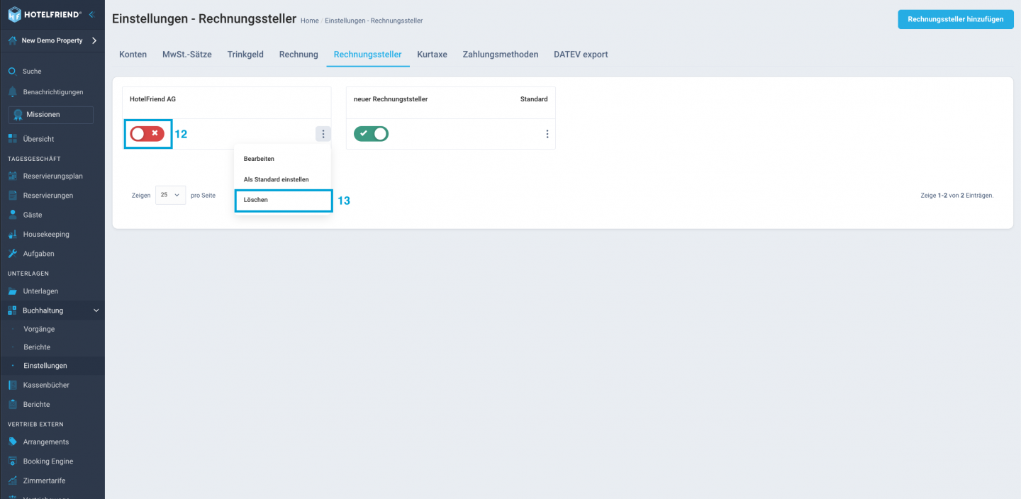 Alternativ können Sie einen Rechnungsaussteller dauerhaft entfernen, indem Sie auf die drei Punkte klicken und Löschen auswählen.