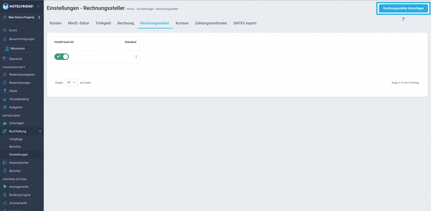 Ebenfalls besteht die Möglichkeit einen neuen Rechnungssteller anzulegen indem auf Rechnungssteller hinzufügen geklickt wird.