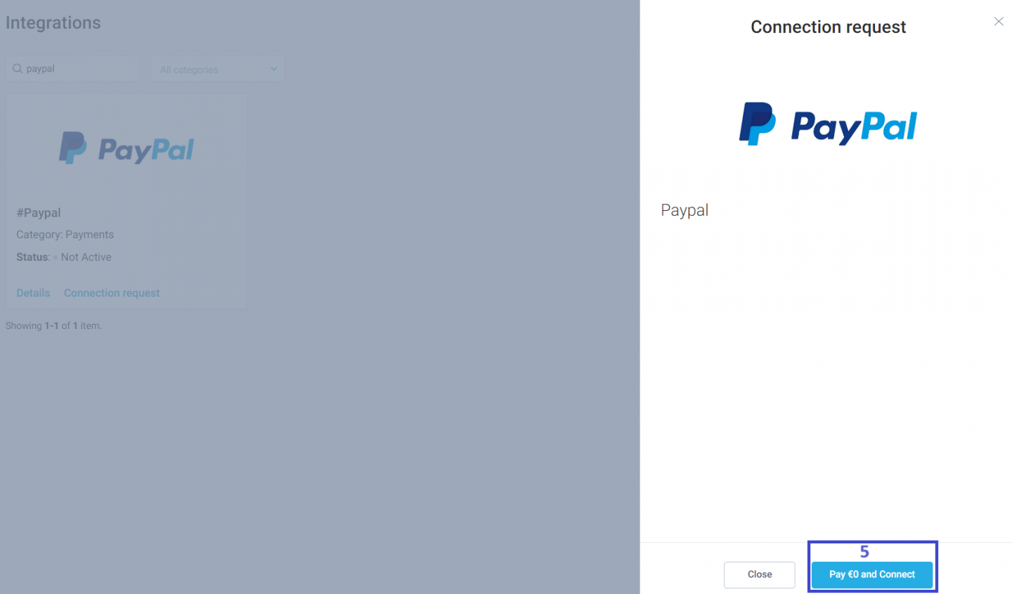 In a new Modal window, click Pay €0 and Connect.