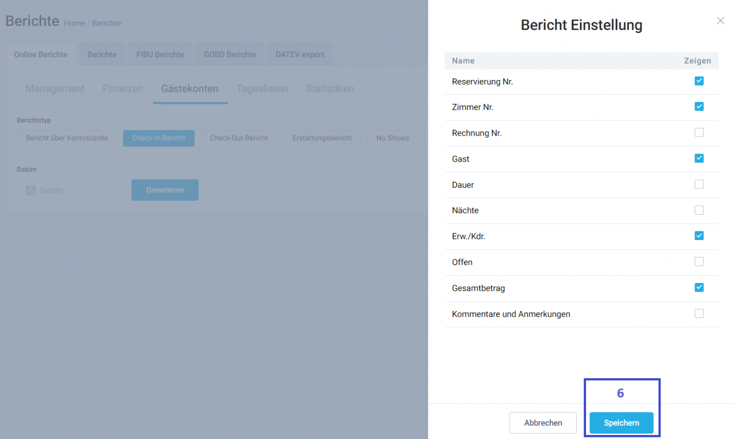 Konfigurieren Sie die für den Bericht erforderlichen Einstellungen und klicken Sie auf Speichern.
