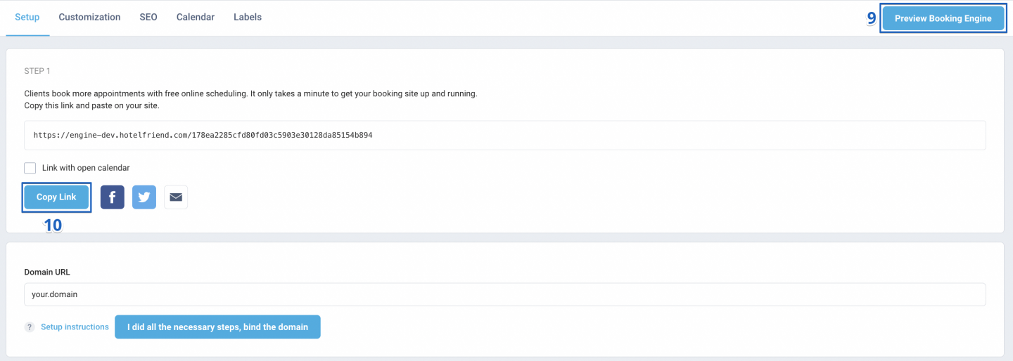 Return to the Setup tab, click the Copy link button, and incorporate the link into your website.