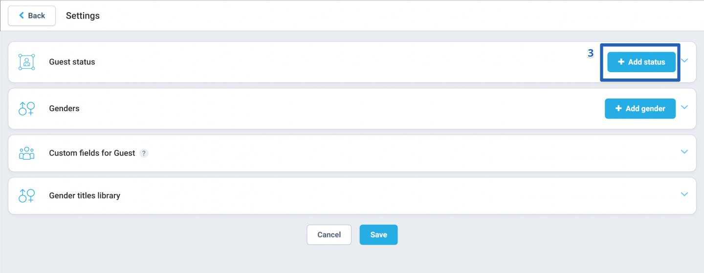 Locate the + Add status button in the Guest status section and click it.