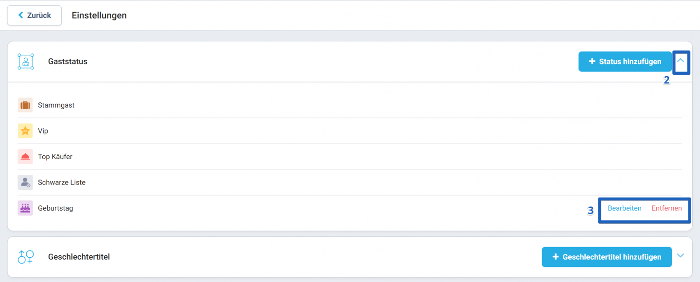 Neben dem Status, den Sie ändern oder entfernen möchten, klicken Sie auf Bearbeiten oder Entfernen.