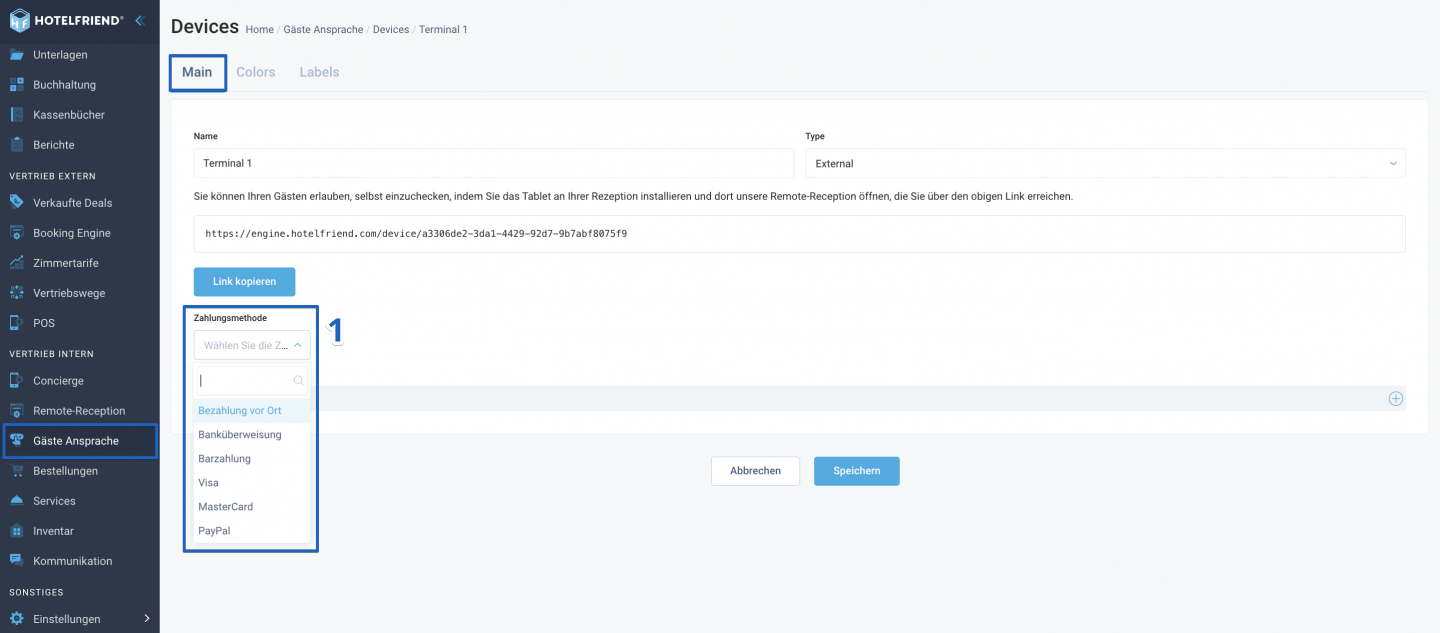 Wählen Sie in den Haupteinstellungen des Geräts die Payment Method aus der Dropdown-Liste aus.