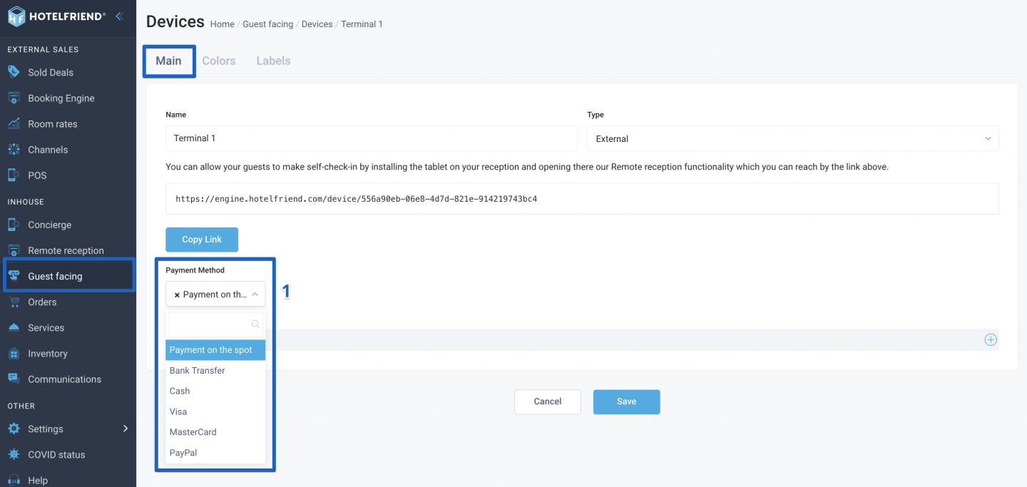 In the Main settings of the device select Payment Method from the drop-down list.