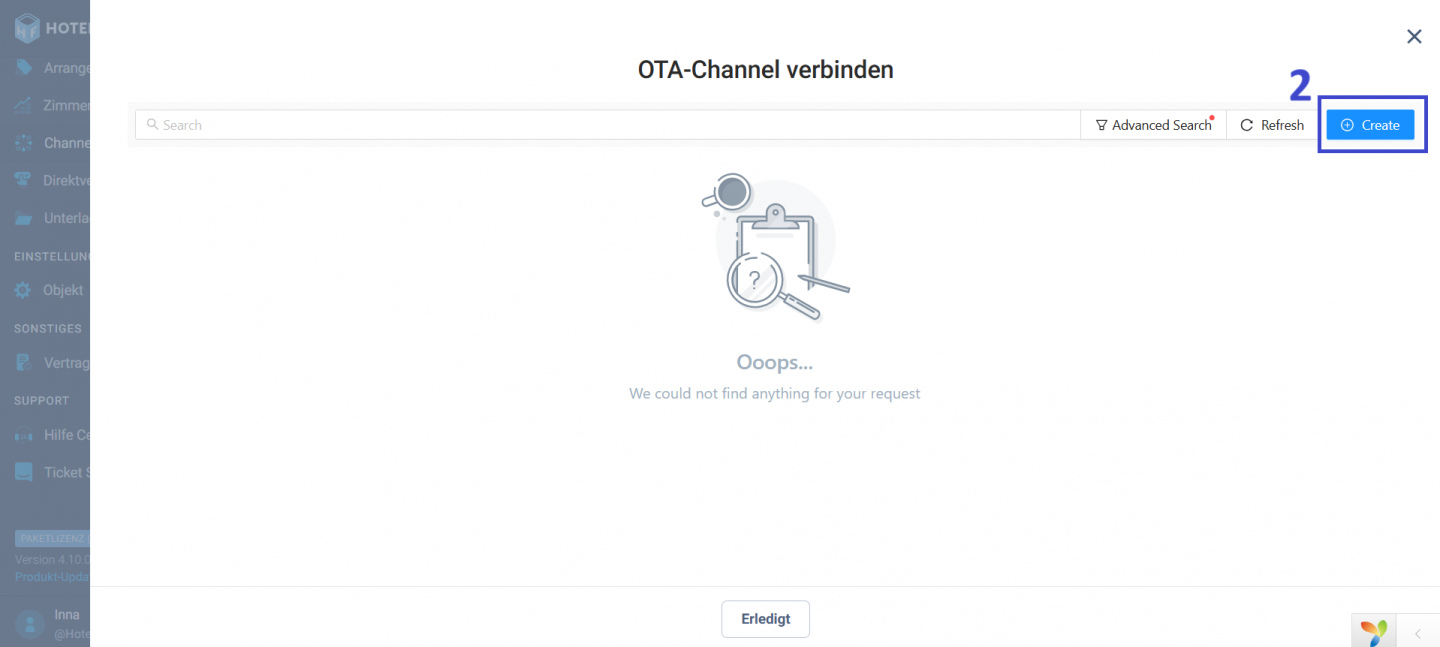 Im Fenster OTA-Channel verbinden, klicken Sie auf Create.