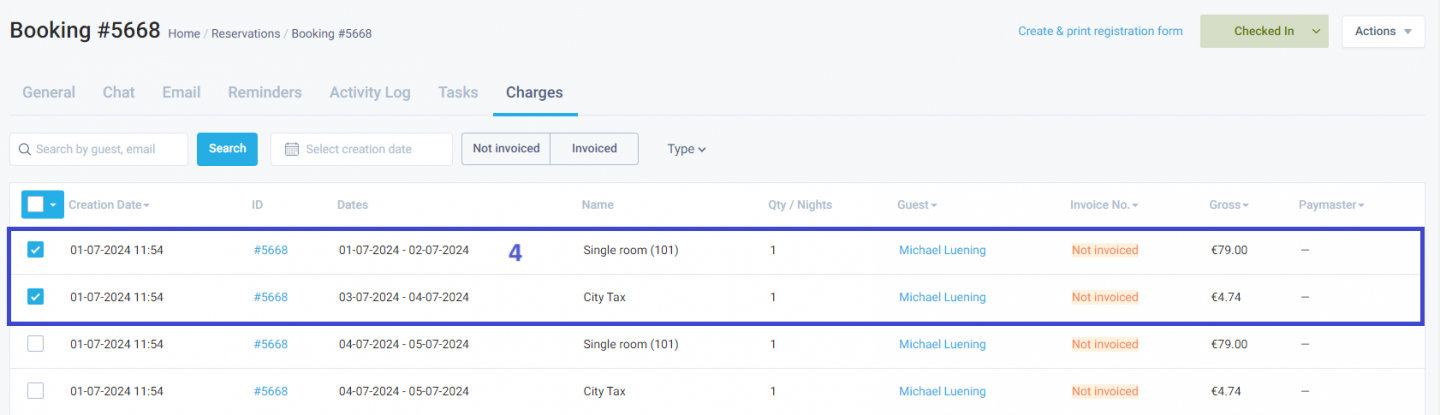 Select Reservations whose charges you would like to split.