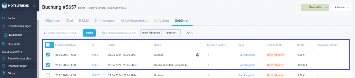 Wählen Sie die Reservierungen aus, deren Kosten Sie aufteilen möchten.