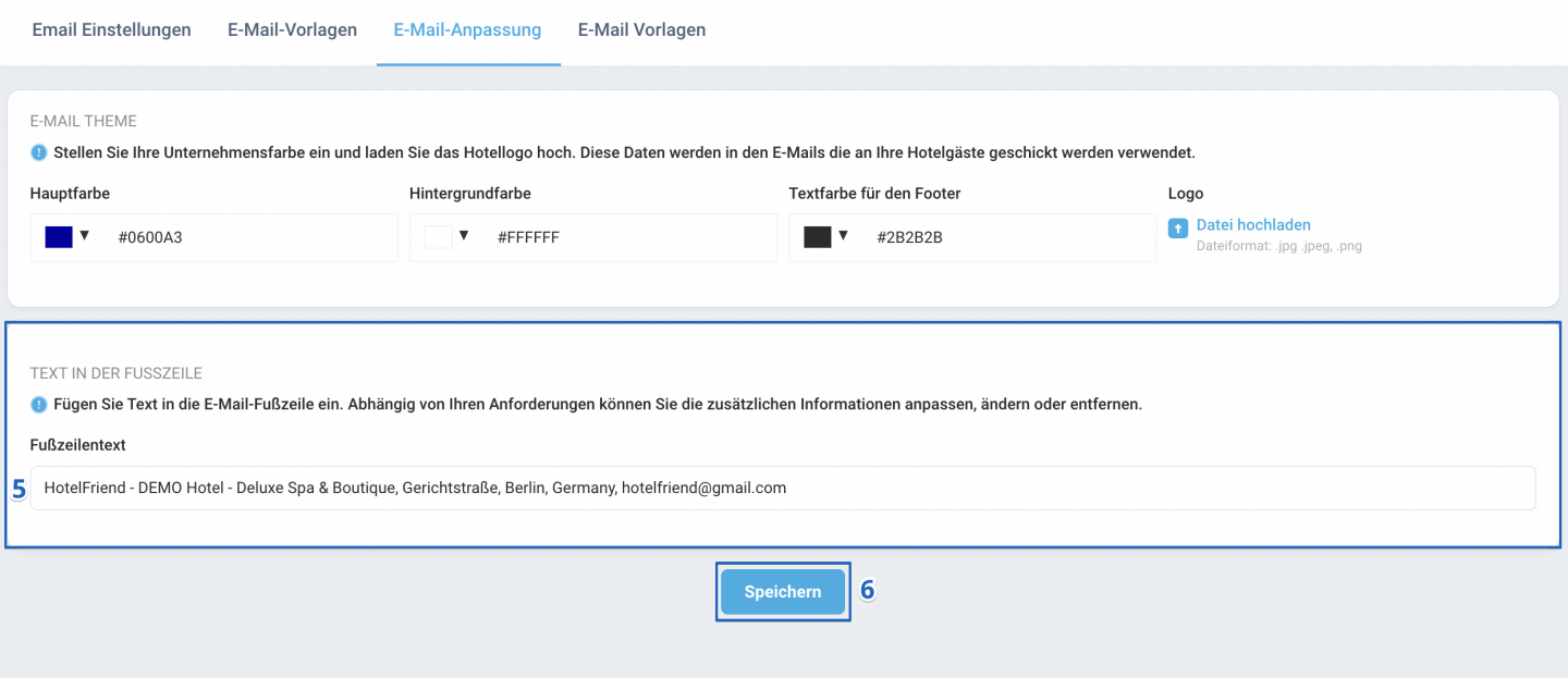 Geben Sie den gewünschten Text im Block Text in der Fußzeile ein. Klicken Sie auf Speichern, um die Änderungen zu übernehmen.
