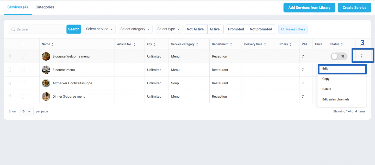 To set prices and edit a service, click on the settings button and choose the Edit option from the dropdown menu.