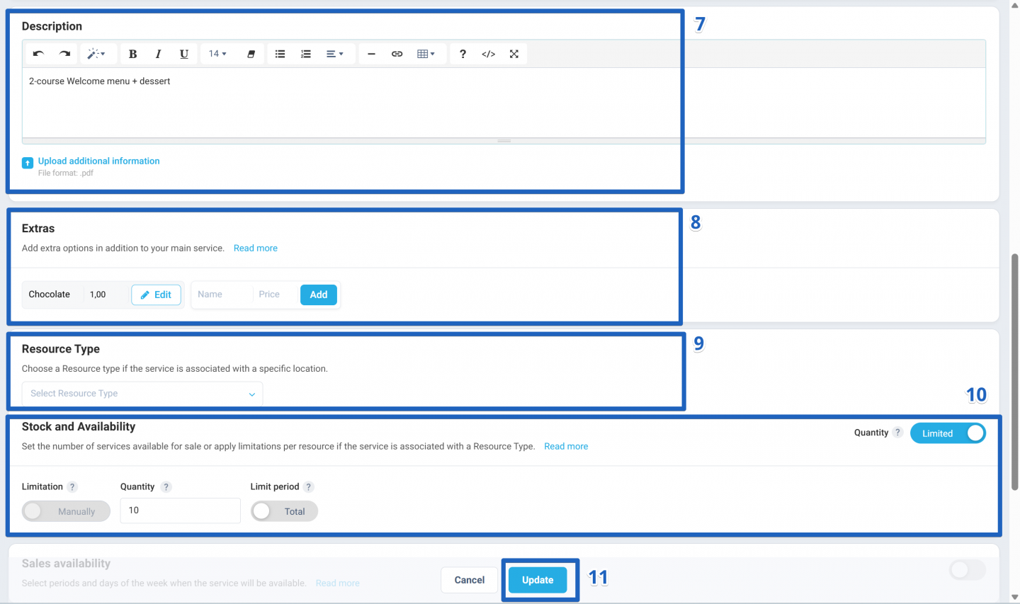 Click the Update button to save your changes or continue editing the remaining information.