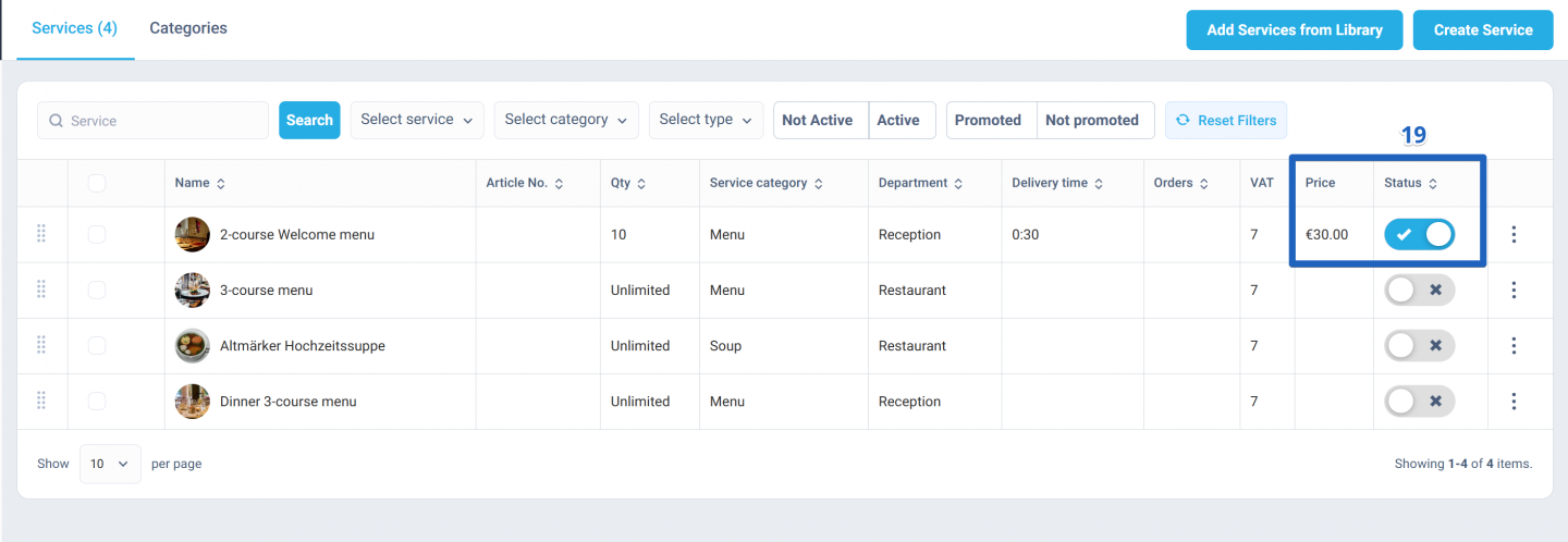 To activate the service, toggle the switch in the pricing section. The service is now available to clients
