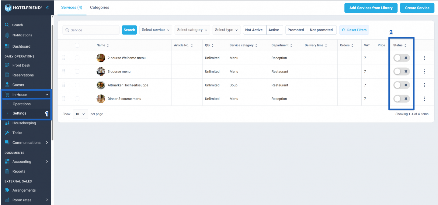 In the Status column, enable the toggle to activate the service. To make the service available, you must specify at least one price.