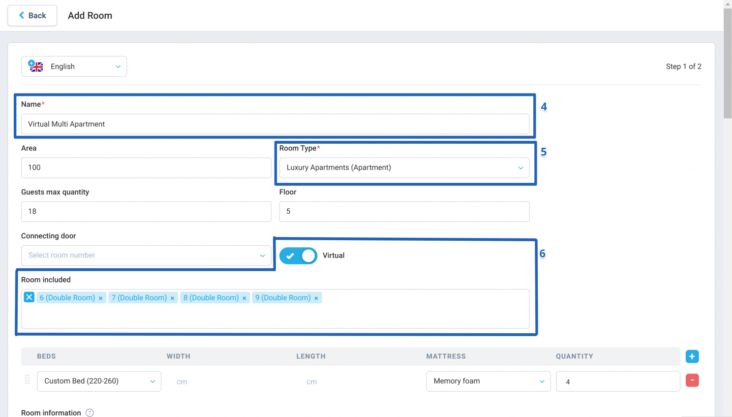 You can also fill in optional information such as Area, Guests max quantity, Floor, and more.