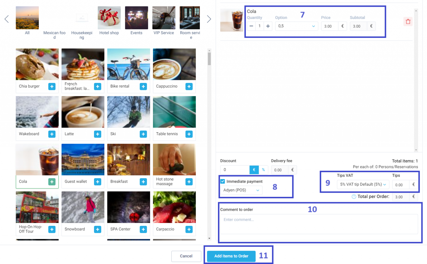 Click the Add items to Order button to save the order.