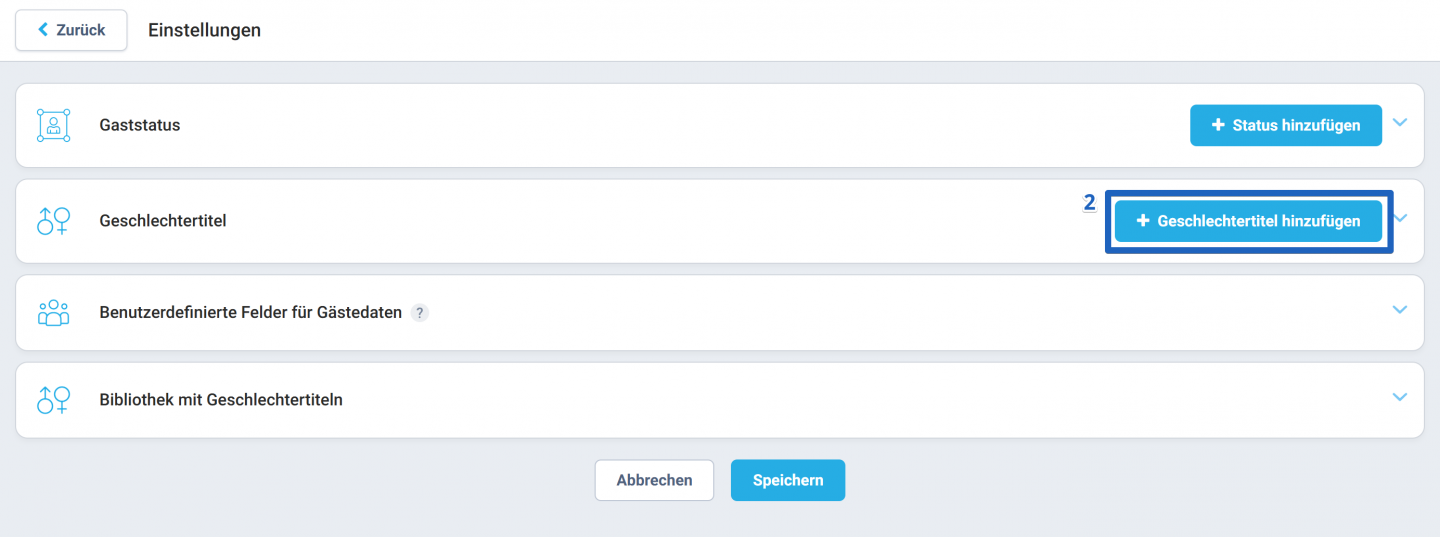 Suchen Sie im Block Geschlechtertitel die Schaltfläche + Geschlechtertitel hinzufügen und klicken Sie darauf.