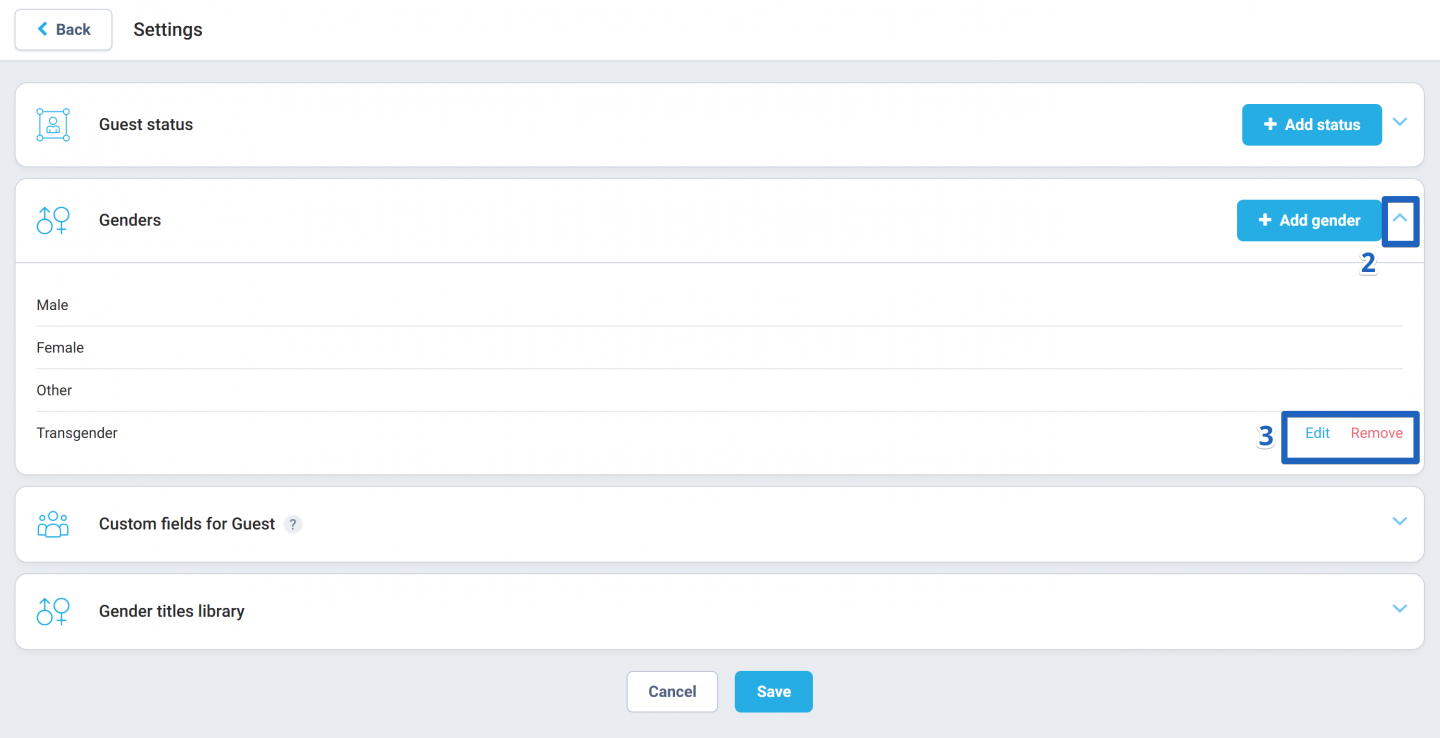 Use the Edit and Remove buttons next to each gender option to make any necessary changes.