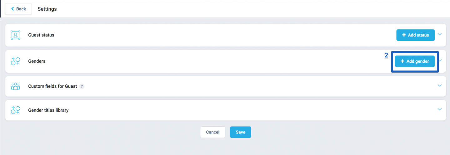 In the Genders block, locate the + Add gender button and click on it.
