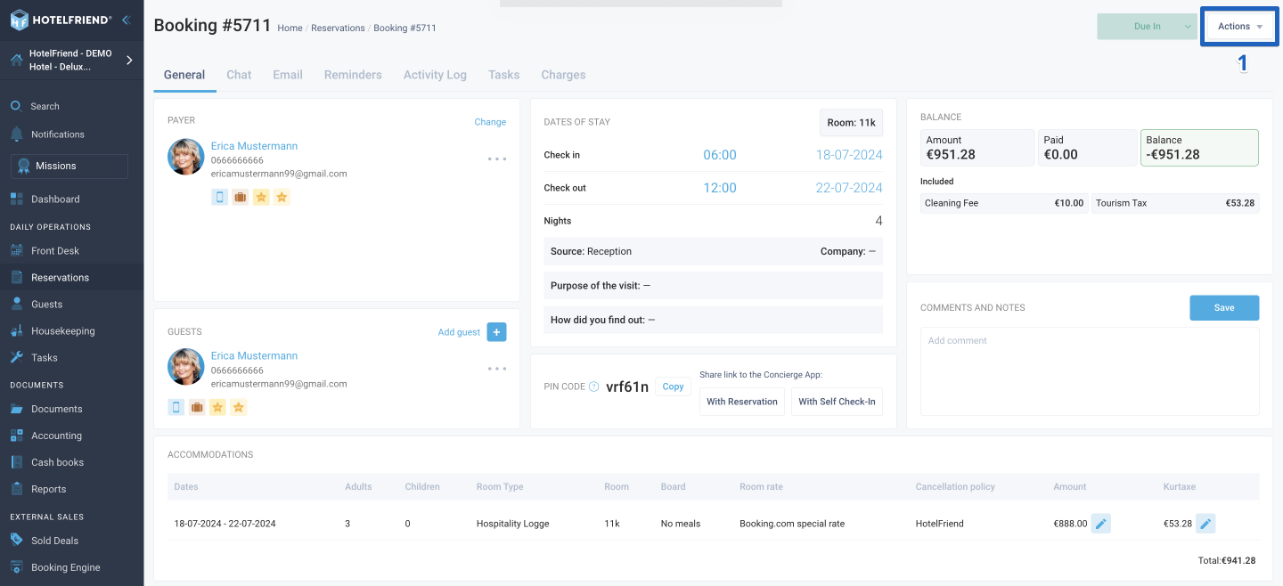 In the reservation card in the upper right corner, click on the Actions menu.
