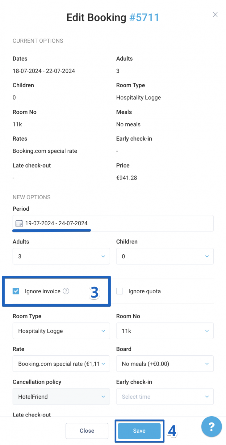 In the new window, make the necessary adjustments to the reservation details and check the box labeled Ignore invoice. After reviewing your changes, click Save.
