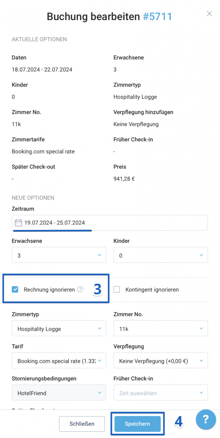 Nehmen Sie in dem neuen Fenster die erforderlichen Anpassungen an den Reservierungsdetails vor und markieren Sie das Kästchen Rechnung ignorieren. Nachdem Sie Ihre Änderungen überprüft haben, klicken Sie auf Speichern.
