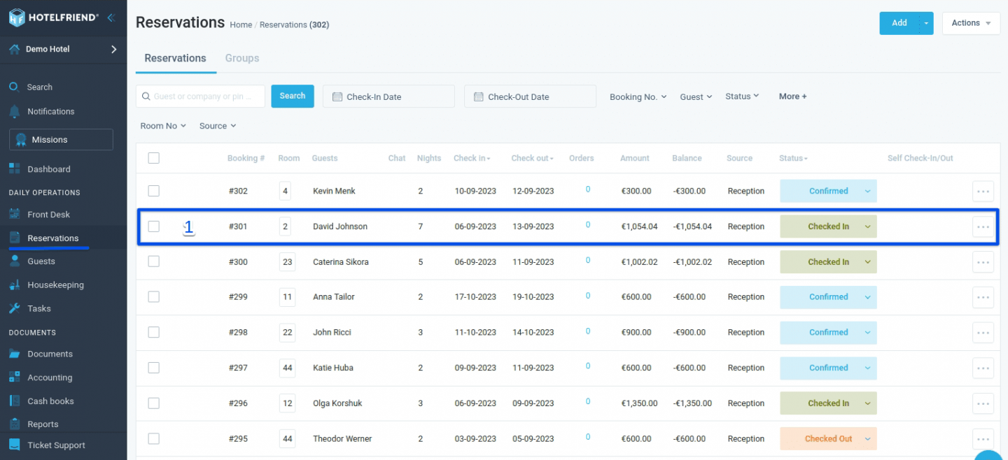 Navigate to the Reservations module and select the reservation for which you wish to cancel the invoice.